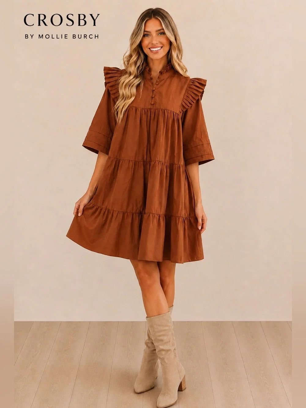 Crosby by Mollie Burch Ruffle Tiered Dress – Brown – Size Medium